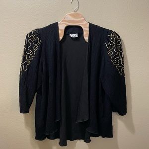 Women's Vintage 80’s Black Gold Or-Lee Textured Open Cardigan with Puff Sleeves